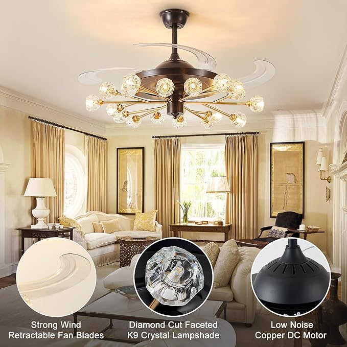 Sputnik Ceiling Fan with Light: Chandelier with Fan for Living Room - Black Fandelier with 18 Lights and Crystal for Dining Room Bedroom - 42" Retractable Ceiling Fan with Lights