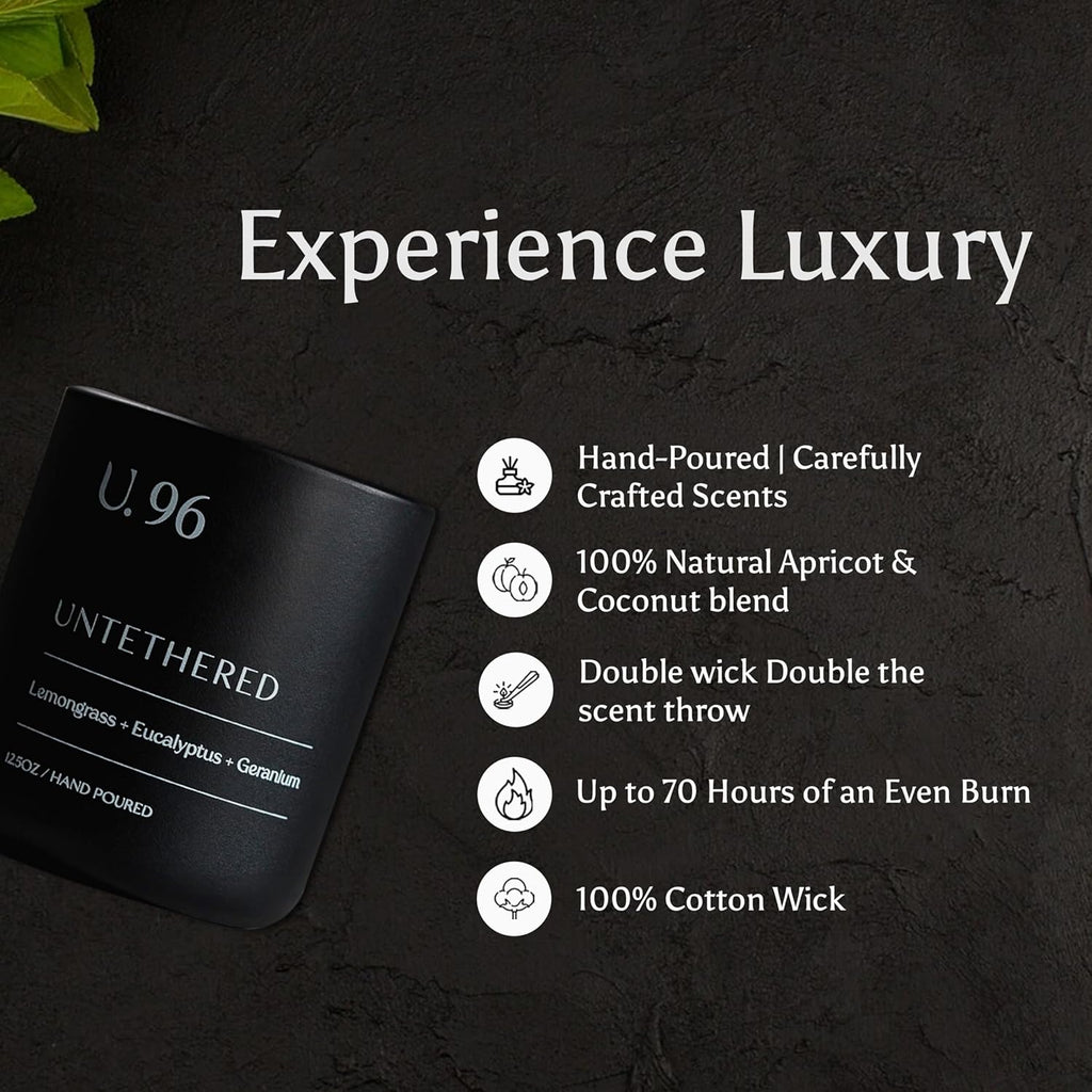 U.96 Luxury Scented Candle – Lemongrass, Eucalyptus & Amber | Hand-Poured in USA w/ 100% Natural Coconut & Apricot Wax | Double Wick, Long-Lasting Aromatherapy Candle for Home, Gift, & Rest (12.5 oz)