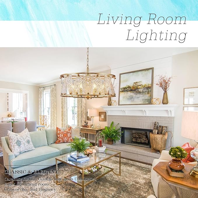 Modern Glass Chandelier 24in Gold Drum Chandelier Light Fixture 8-Light Hammered Crystal Glass Ceiling Chandelier Lighting for Living Room Dining Room Bedroom High Ceiling Entry Foyer