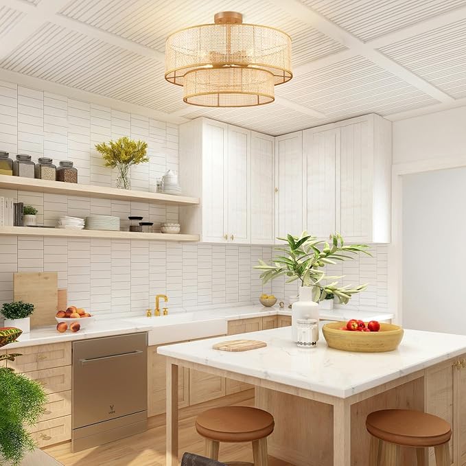 Hamilyeah 20 inch Ceiling Light Fixture Flush Mount Double Layer, Boho Light Fixture Ceiling Mount Wicker Shade, Bamboo Woven Rattan Light Fixture Ceiling for Living Room, Bedroom, Dining Room