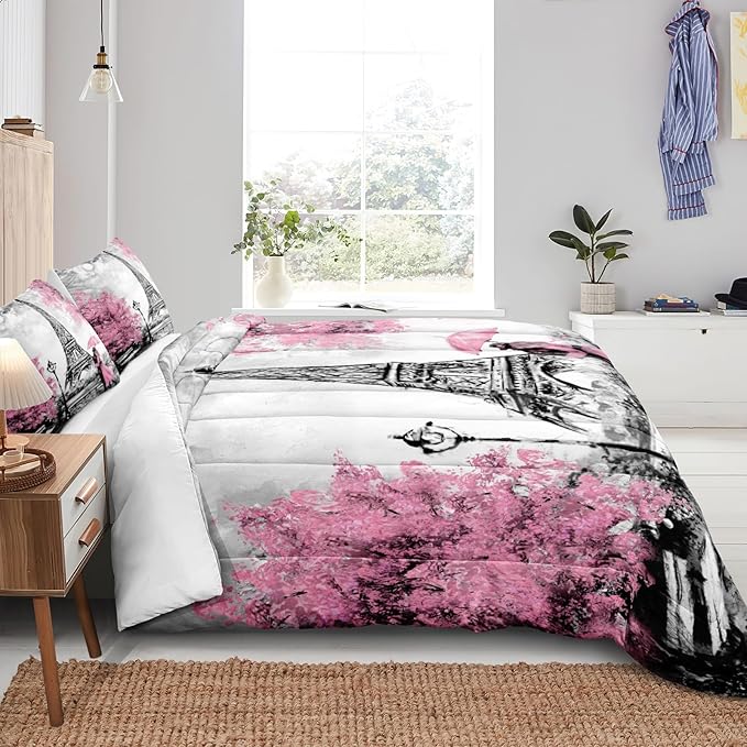 Bedbay Eiffel Tower Comforter Set Queen Size Pink Paris Bedding Romantic Couple Lovers Printed Girls Women Comforter Set Pink and Grey Soft Lightweight French Style Duvet Set (Pink,Queen)
