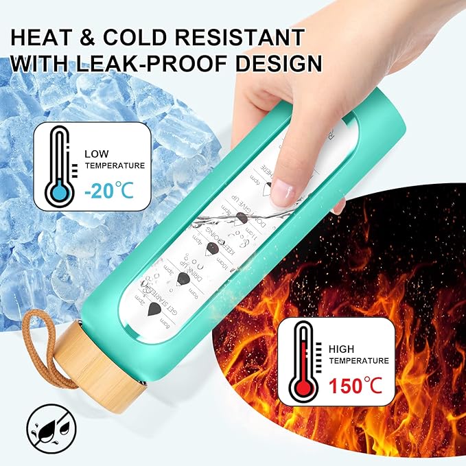 32 Oz Borosilicate Glass Water Bottle with Times to Drink | BPA Free - Reusable Wide Mouth Glass Motivational Water Bottles with Infuser & Silicone Sleeve (SHINY GREEN)