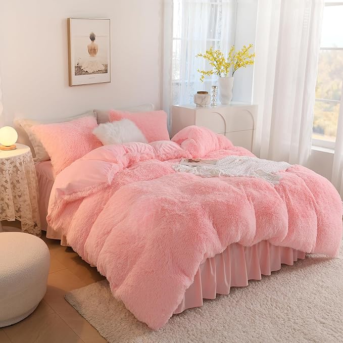 Litanika Pink Fluffy Comforter Queen Size, Luxury Shaggy Faux Fur Bedding Set Cute for Women Girls, Ultra Soft Velvet Fuzzy Comforter Queen Bed 3 Pieces(1 Plush Comforter 90×90 Inch, 2 Pillowcases)