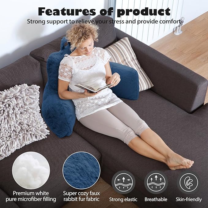 Reading Pillow for Sitting in Bed Adult, Standard Reading Pillow with Memory Foam, Back Pillow for Bed Sitting Up with Extend Arms, Bed Reading Pillow, Blue