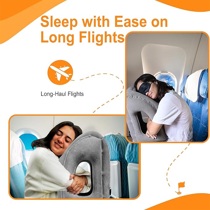 Inflatable Travel Pillow - Airplane Pillow for Neck Support on Long Flights, Buses, Cars, Office & Trains - Comes with Eye Mask, Earplugs & Portable Drawstring Bag - Grey