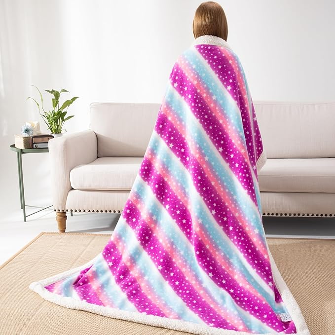 COSUSKET Kids Star Throw Blanket, Rainbow Sherpa Plush Warm Blanket Girls Gifts
