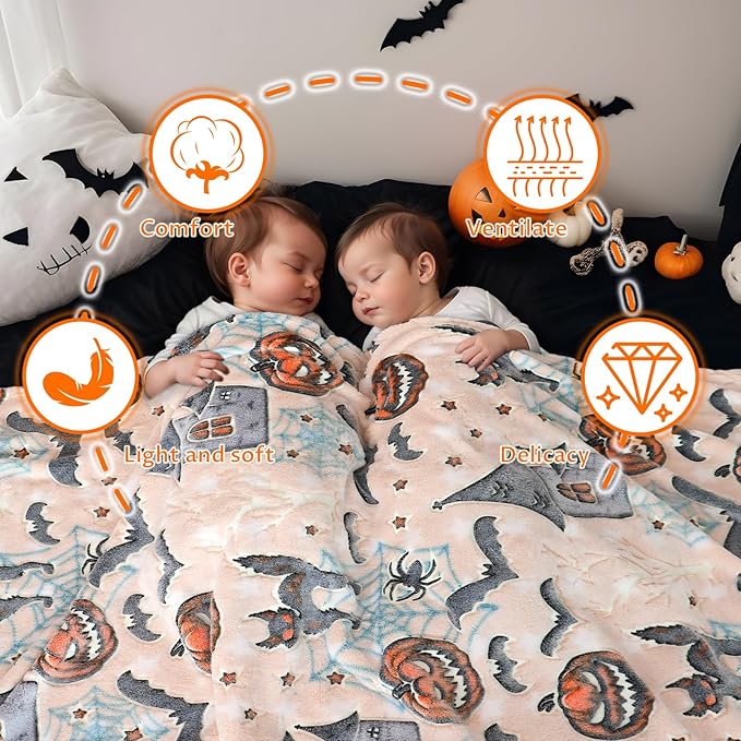Halloween Pumpkin Blanket Kids Glow in The Dark Blanket Black Cat Halloween Decor Gifts for Women Boys Girls 50"x60"