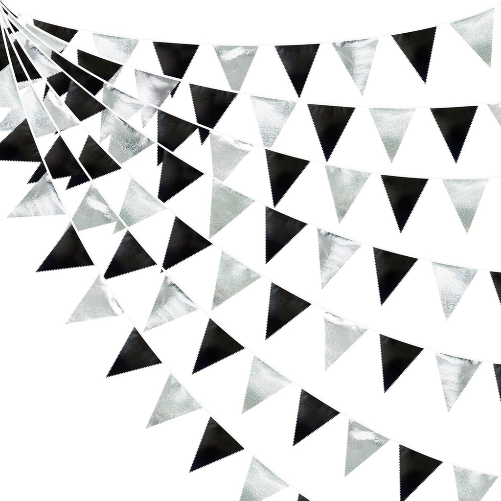 Black and Silver Party Decorations Triangle Pennant Banner Flag Metallic Fabric Bunting Garland for Birthday Graduation Retirement Wedding Bachelorette Bridal Shower Engagement Disco Party Supplies