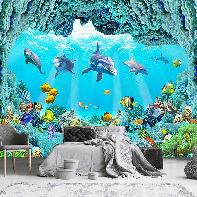 3D Ocean Animal World Shark cave Shoal of Fish Wallpaper Mural for Kid's Room (Not Peel and Stick)