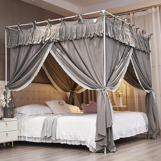 Ruffle Lace up 4 Corners Post Princess Curtain Bed Canopy Cozy Breathable Mosquito Net Cloth for Girls Adults Bedroom Decoration (Grey, 78" W*86" L*82" H/King)