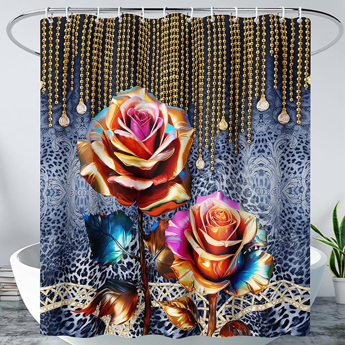 AILONEN Gold Rose Shower Curtain for Bathroom- Romantic Floral Shower Curtain -Polyester Fabric Waterproof Decoration- Plants Blue Black Leopard Flowers Bath Shower Curtains Washable, 72" W x 78" H
