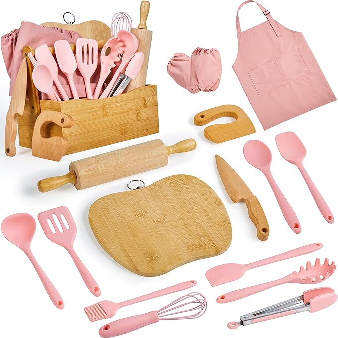 Kids Cooking & Baking Sets Real Little Chef Cooking Utensils Kitchen Set Gifts for Girls Boys Juniors with Utensils Cutting Board Kids Safe Knife Rolling Pin Apron Carrying Basket (Coral Pink)