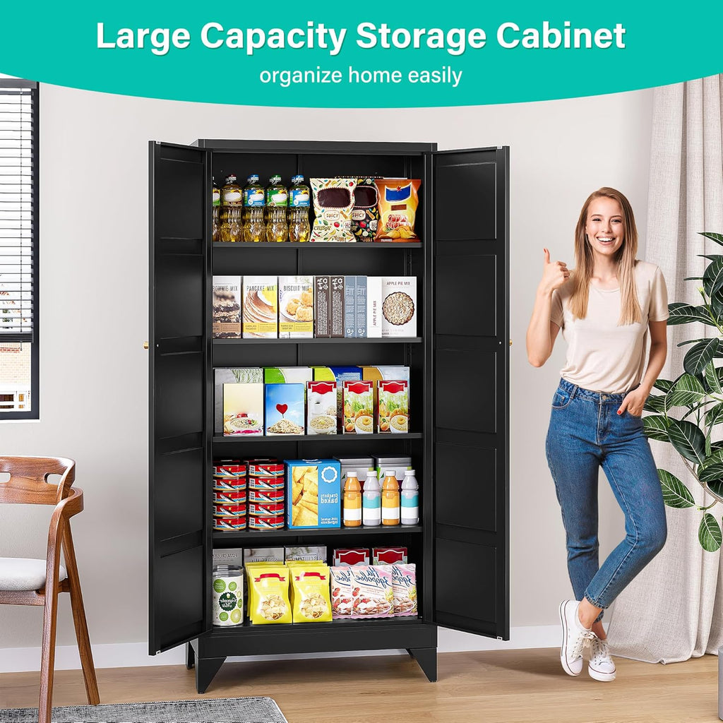 Metal Storages Cabinet with 2 Doors and 5 Shelves,Tall Storage Cabinet,Large Cupboard Closet,Pantry Storage Cabinet for Home,Office,Bathroom,Dining/Living Room (Black, 71" H)