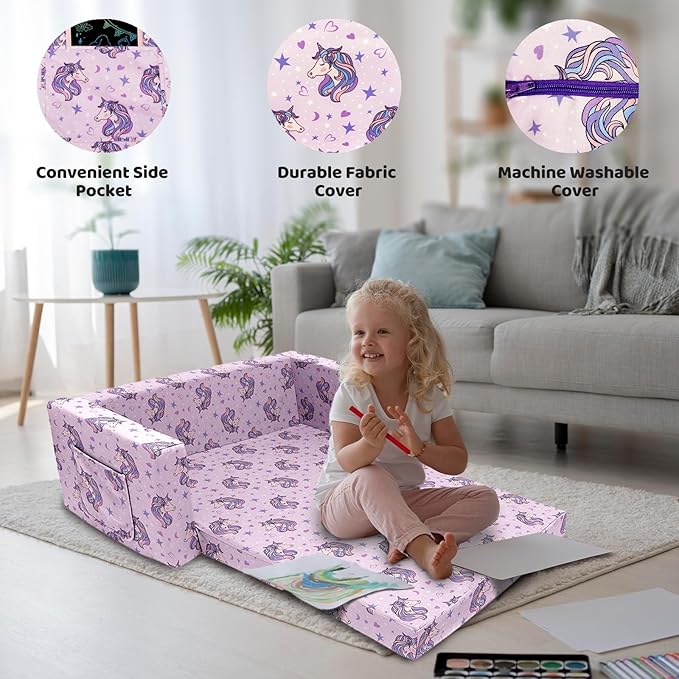 2 Seats Convertible Sofa, Extra Soft Polyester Kids Sofa with Folding Sleeper & Cute Dinosaur Print, Machine Washable, for Girls & Boys