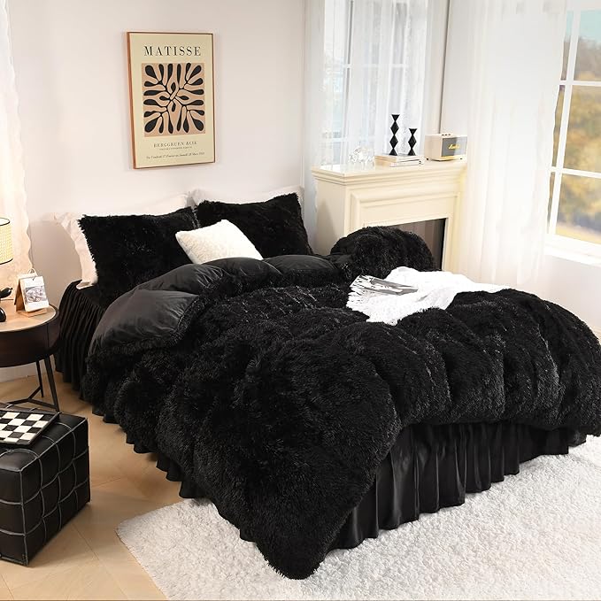 Litanika Black Fluffy Comforter King Size, Luxury Plush Faux Fur Bedding Set for King Bed, Ultra Soft Warm Velvet Fuzzy Comforter 3 Pieces(1 Shaggy Comforter 104×90 Inch, 2 Pillowcases)