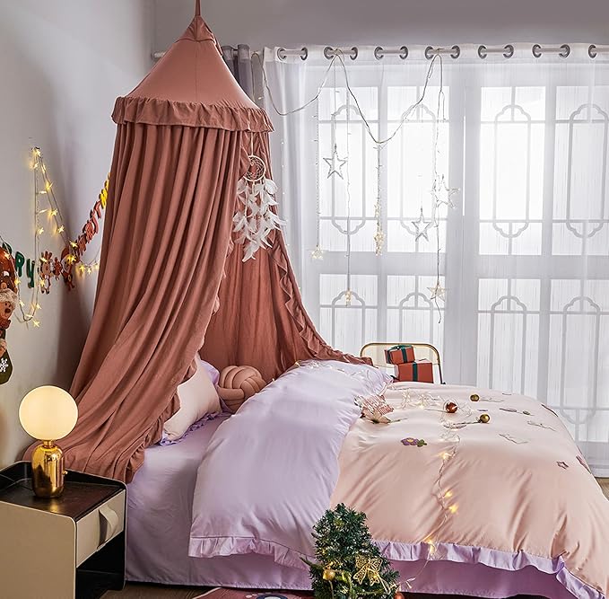 VETHIN Bed Canopy for Girls Kids,Princess Round Dome Children Dreamy Mosquito Net Bedding Girls Room Castle Play Tent Hanging House Decor Reading Nook Canopies (JujubeRed)