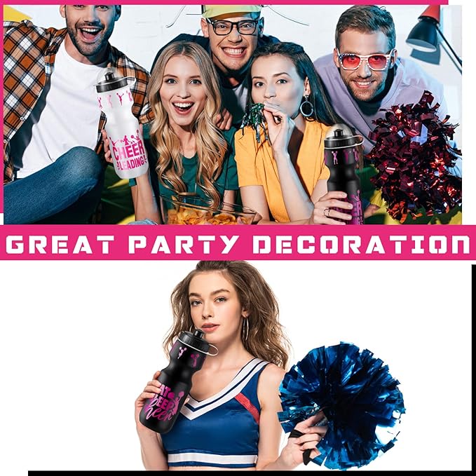 24 Pcs 24 oz Cheerleading Water Bottle Bulk and Drawstring Bag Set 12 Reusable Plastic Biking Water Bottle Tumbler 12 Sport Gym Goodie Gift Bag for Party Favor