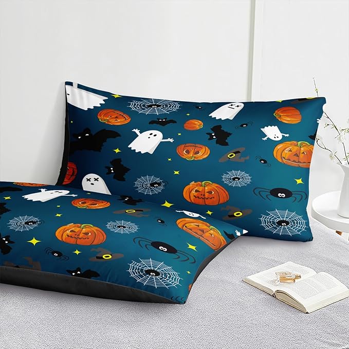 Bedbay Halloween Comforter Set King Size Comforter Set Cartoon Pumpkin Bedding Cute Halloween Bedding King Size Comforter 4 Pcs with 1 Cushion Cover(Blue,King)