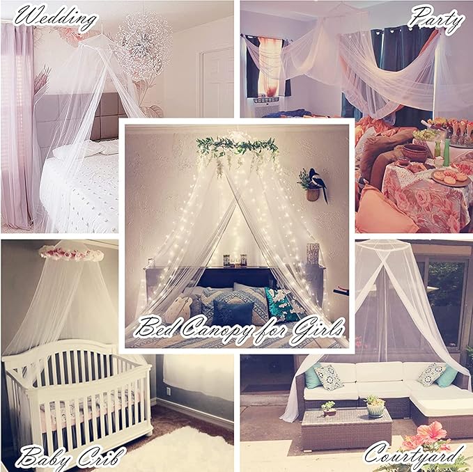 Eimilaly Bed Canopy Mosquito Net with 250pcs Warm White Curtain Lights, Bed Canopy for Girls Room Decor or Theme Party, Green/Warm White Lights