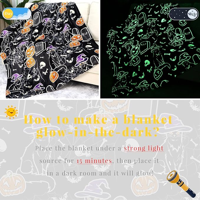 Halloween Blanket Pumpkin Glow in The Dark Blanket Cat Halloween Decorations Cute 60"x80"
