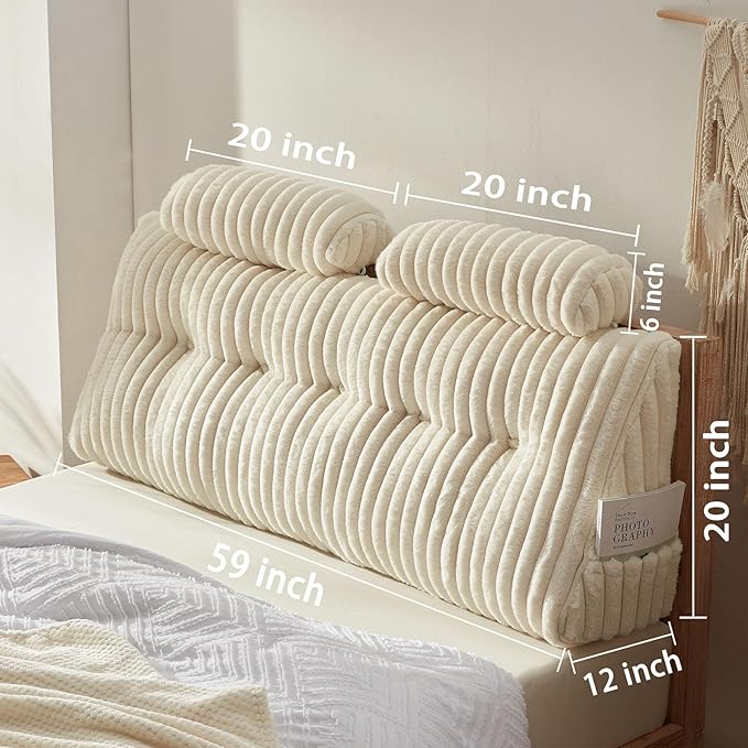 Faux Fur Headboard Pillow with 2 Pack Neck Roll Pillow Large Headboard Pillow Soft and Supportive with Removable Cover (Beige, Queen)