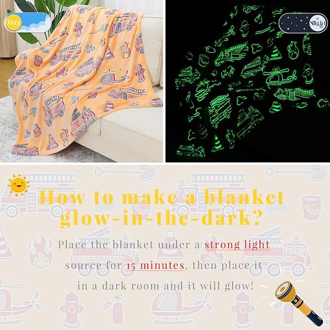 Glow in The Dark Blanket Toddler Fire Truck Gifts Toys for Boys Soft Kids Blankets for Birthday Gifts