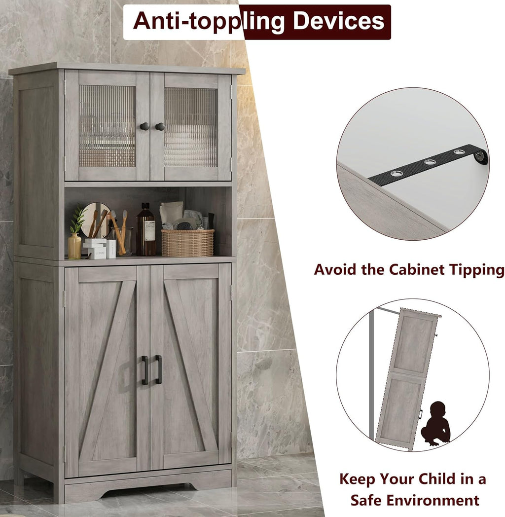 GarveeHome 54in Tall Bathroom Cabinet, Farmhouse Storage Cabinet with Glass Doors and Adjustable Shelves, Freestanding Kitchen Pantry Cabinets, Cupboard for Living Room, Dining Room, Gray