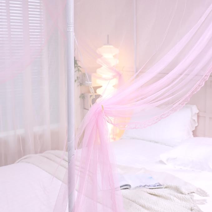 Bed Canopy, Princess Bed Curtain Net for Girls & Adults，Three-Doors Rectangle Lace Dome Netting (Baby Pink, King)