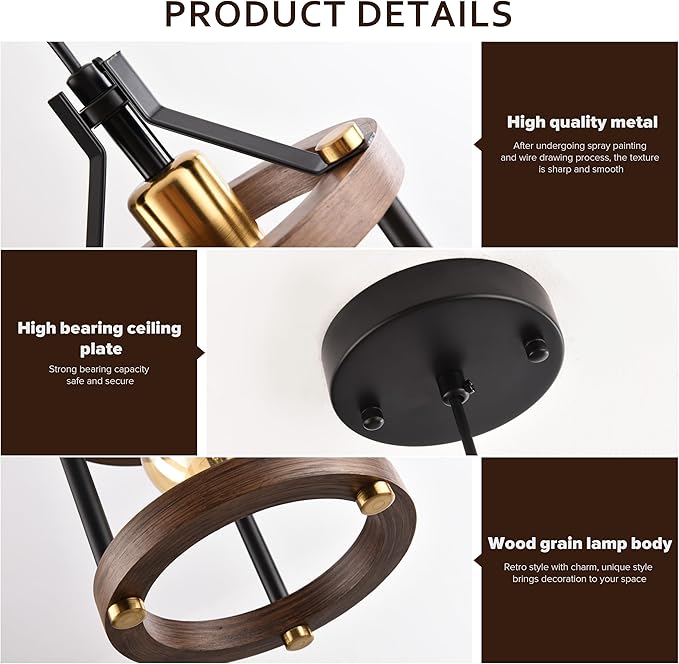 MO&OK Set of 3 Chandelier Vintage Pendant Light Fixture, Wood Color Farmhouse Wooden Metal Chandeliers, Open Frame Hanging Lighting for Diningroom,Bar,Entrance Hall,Kitchen Island H10.6 xD6.7