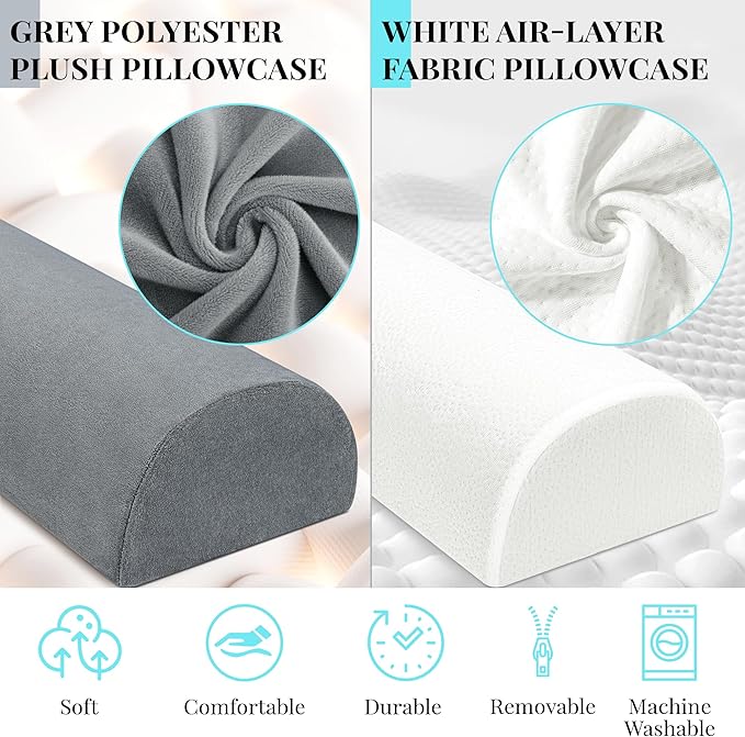 Large Knee Pillow for Side Sleepers Memory Foam Leg Pillows for Sleeping Yoga Bed Half Moon Bolster Pillow for Neck Pain Relief with 2 Pillowcases 23.6"x8.7"x5"(White+Grey, Extended Size)