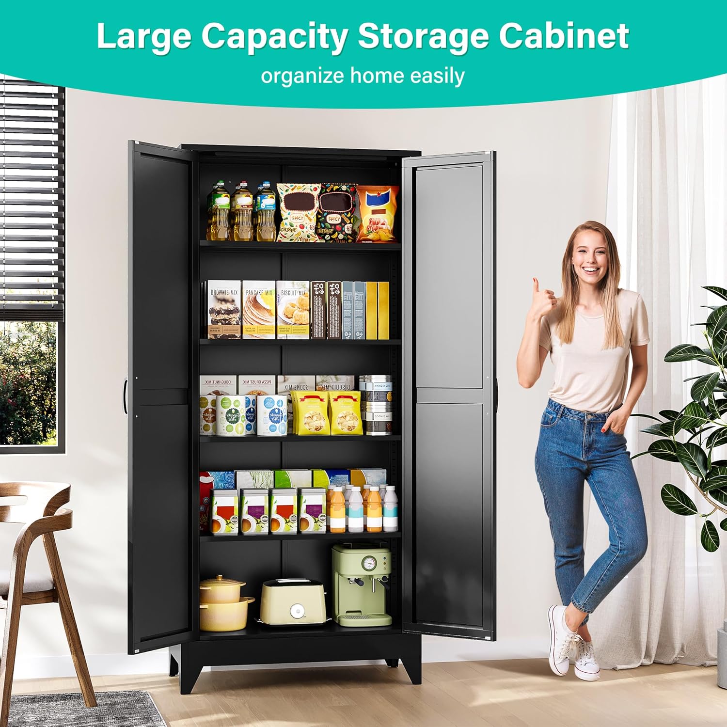 75" Tall Pantry Cabinet,Farmhouse Kitchen Pantry Storage Cabinets with 2 Doors and 5 Shelves,Black Metal Storage Cabinet,Large Cupboard for Home,Kitchen,Dining/Living Room