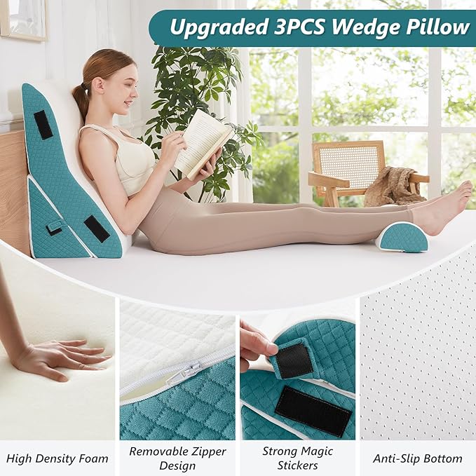 3 PCS Upgraded Bed Wedge Pillow for Sleeping - 35D Post Surgery Pillow for Back Leg Pain Relief - 22" Wide Adjustable Triangle Wedge Pillow Set for Acid Reflux & GERD & Snoring(white blue)