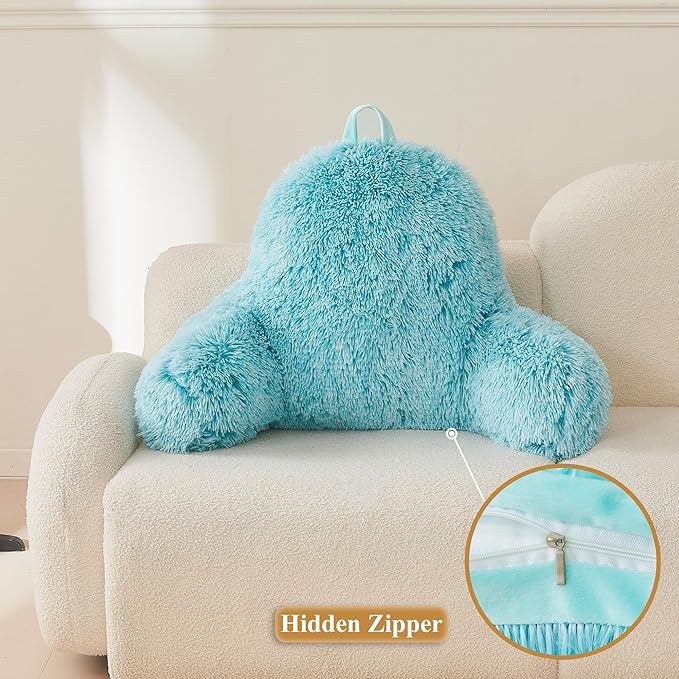 XeGe Faux Fur Reading Pillow Cover (No Filler), Fluffy Back Rest Pillow Case for Bed Sitting Up, Adults Kids Gaming Shaggy Sit Up Back Support Pillow Cover with Arms for Couch Chair Car, Aqua Ombre