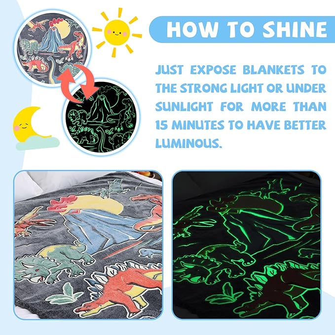 Glow in The Dark Dinosaur Blanket Toddler Boy Kids Dino Present Gifts Soft Fuzzy Fleece Throw Blanket Decorations for Couch Sofa Bedroom