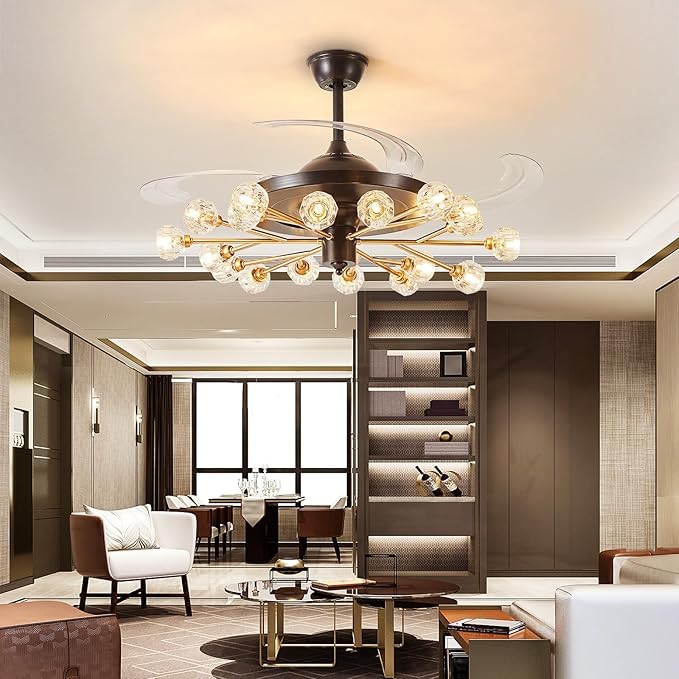 Sputnik Fandelier Ceiling Fan: 48" Gold Chandelier with Fan and Remote for Living Room - 18 Lights Black Fandelier for Bedroom - Retractable Crystal Ceiling Fans with Lights Farmhouse