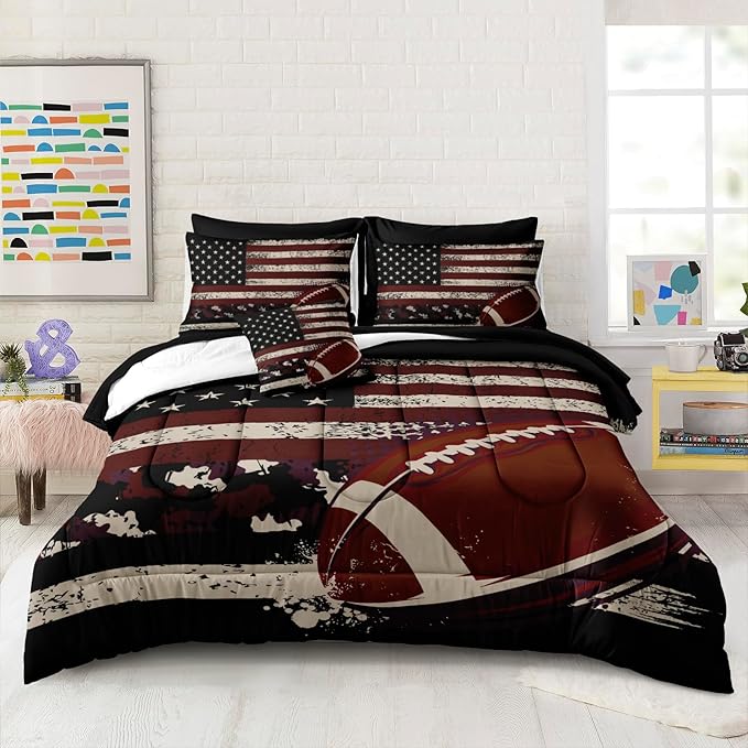 Bedbay Flag Camo Comforter Set Camouflage Bedding American Flag Comforter Set Queen Vintage Camo Football Bedding Teen Boys Military Army Comforter 4 Pcs Rugby Ball Games Sports Theme Duvet Set