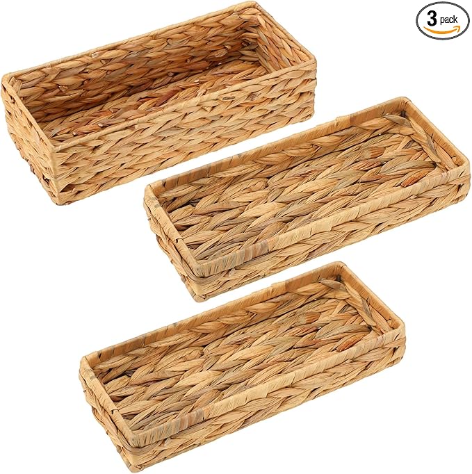 3 Pcs Wicker Baskets Water Hyacinth Toilet Paper Basket Woven Rectangle Toilet Tank Basket Hyacinth Paper Storage Holder Organizer Storage Containers for Bathroom Bedroom Kitchen(Classic)
