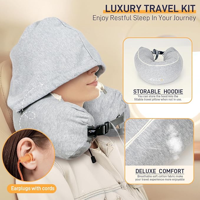 Stuffable Neck Pillow for Travel with Hood, Hoodie Travel Neck Pillow Stuffable with Clothes, Fillable Travel Pillow Storage Bag, Soft Empty Neck Pillow Case, Packable for Airplane Travel Essentials