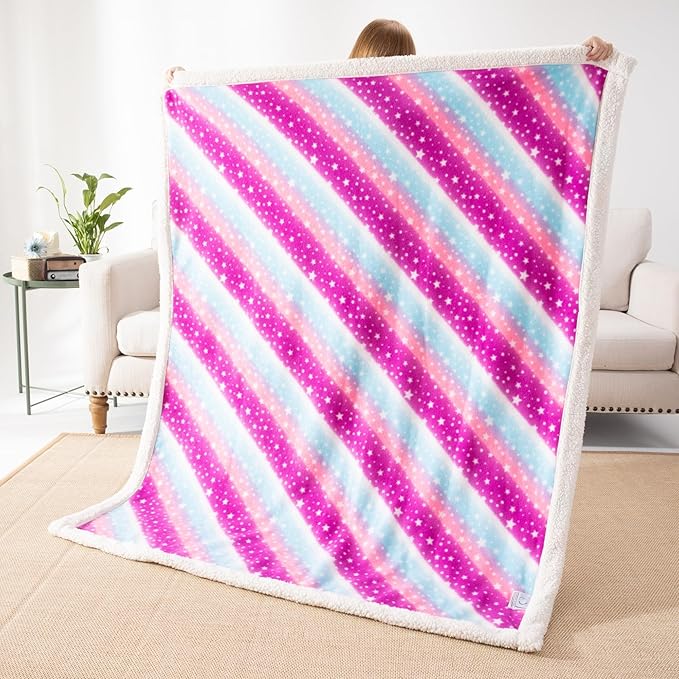 COSUSKET Kids Star Throw Blanket, Rainbow Sherpa Plush Warm Blanket Girls Gifts