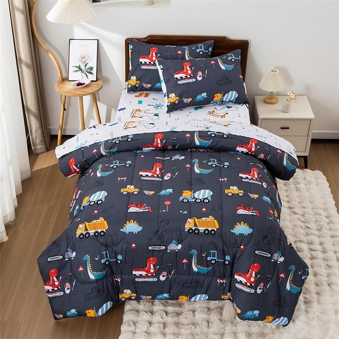 Meeting Story Construction Truck Car Full Comforter Set for Boys,5 Pieces Dinosaur Bedding Set with Sheets and Pillowcases，Excavator Lightweight Microfiber Bedding Sets（Grey，Full5pcs）
