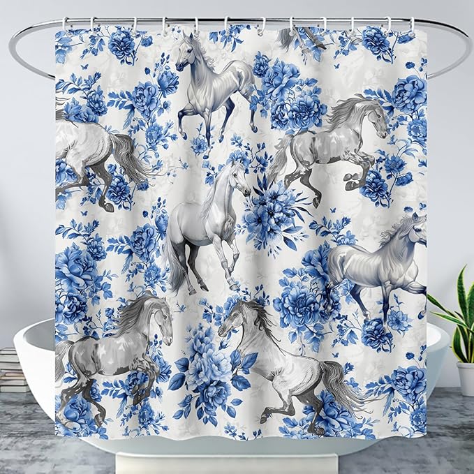 AILONEN Blue Floral Horse Shower Curtain,Farm Animal Printed Galloping Horse Bath Curtain,Minimalist Flower Girls Women Bathroom Curtain Decor, 72" W x 78" H