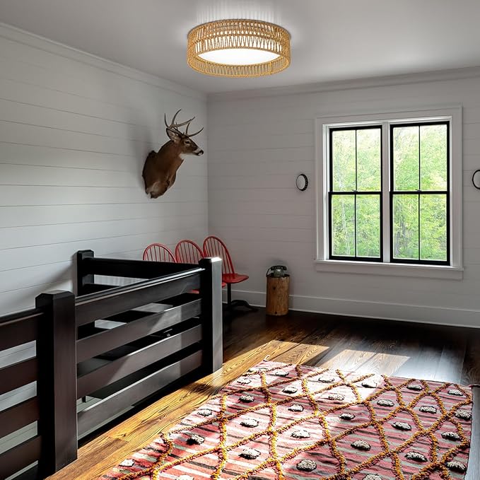 SineRise 12" Flush Mount Ceiling Light,25W LED Rattan Ceiling Light Fixture,Dimmable Handmade Boho Light Fixtures with Rattan,Farmhouse Lighting Fixtures Ceiling for Hallway Kitchen Bedroom(Gold)