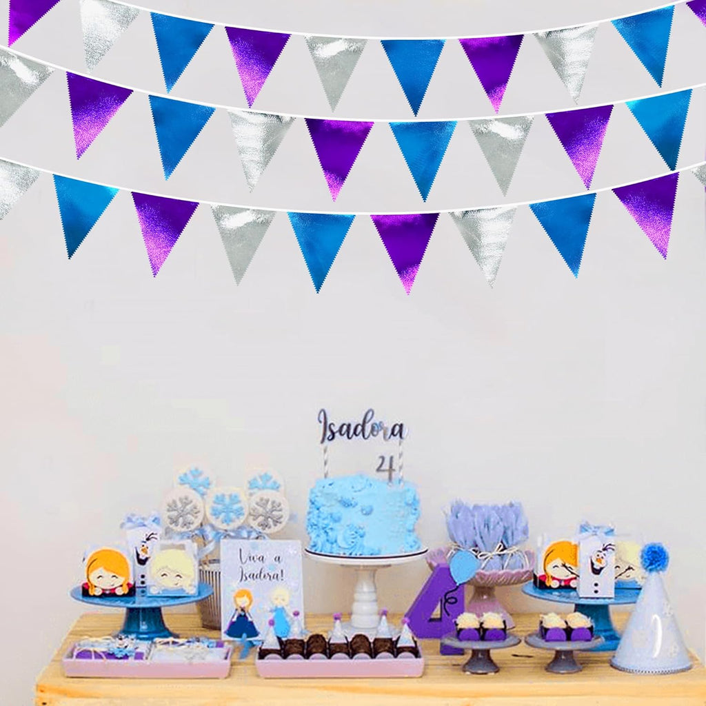 Frozen Party Decoration Purple Blue Silver Metallic Fabric Triangle Pennant Banner Flag Bunting Garland for Frozen Winter Wonderland Christmas Birthday Wedding Baby Shower Bridal Shower Party Supplies