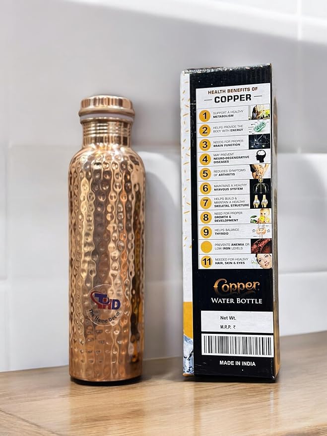 34Oz Pure Copper Water Bottle for Drinking Large Handcrafted Ayurvedic Copper Water Bottle Leak Proof Lid Smooth Finish Water Vessel Copper Drinking Water Bottle 34Oz (Hammered Finish)