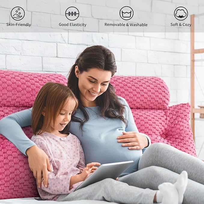 Wedge Headboard Pillow - Bed Wedge Pillow for Headboard Triangular Headboard Pillow with Neck Roll Pillow-Large Bolster Pillow for Sitting in Bed Backrest Positioning Support (Fushia,76x8x20 Inches)