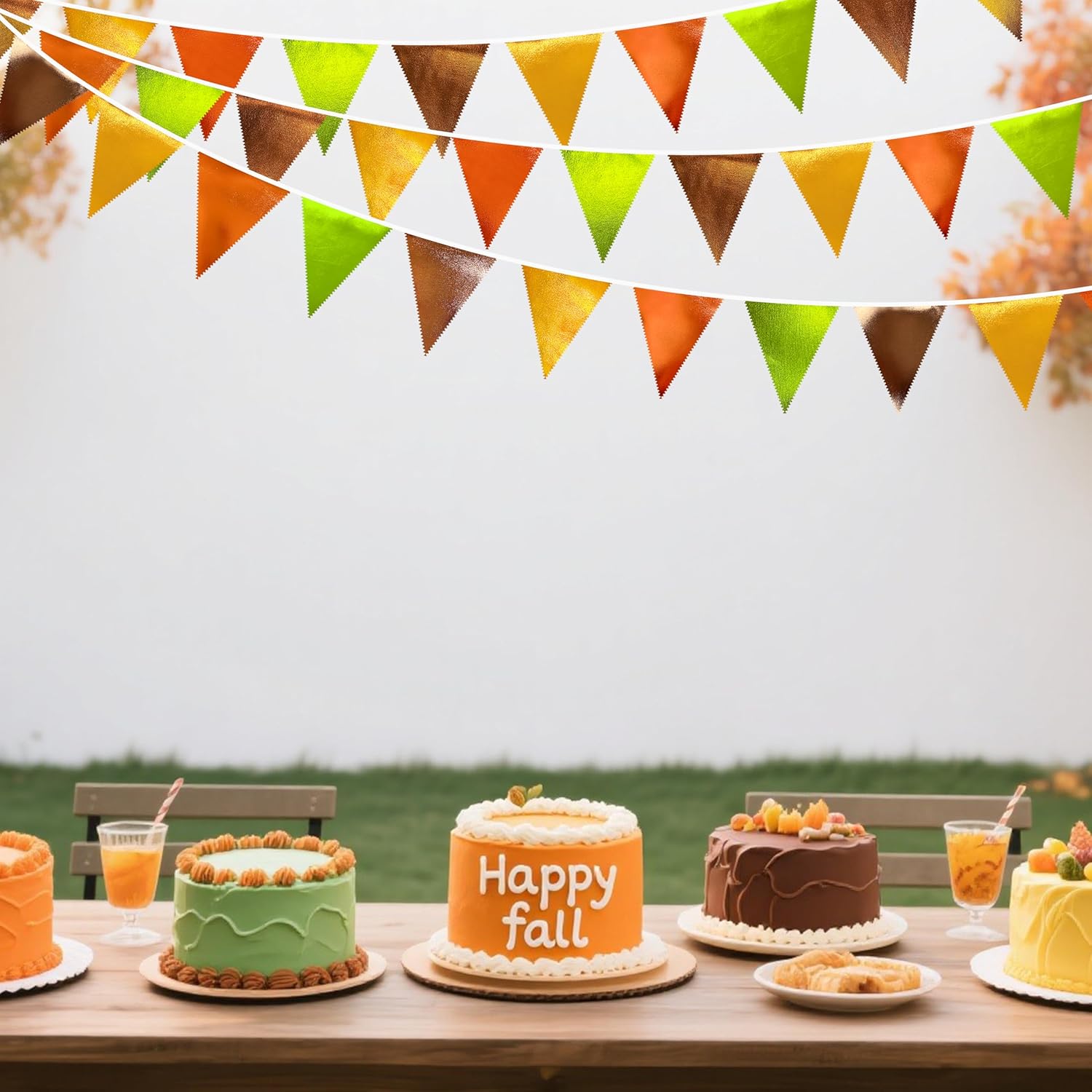 Fall Party Decorations Orange Green Gold Brown Metallic Fabric Triangle Pennant Flag Bunting Banner for Fall Autumn Thanksgiving Wedding Birthday Baby Shower Bridal Shower Engagement Party Supplies