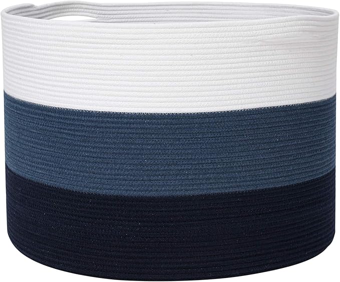 24" x 24" x 17" Max Size Large Cotton Rope Basket, Extra Large Storage Basket, Woven Laundry Hamper, Cloth Storage Bin, for Blankets Clothes Towels Pillows in Living Room, Dark Blue/Deep Blue