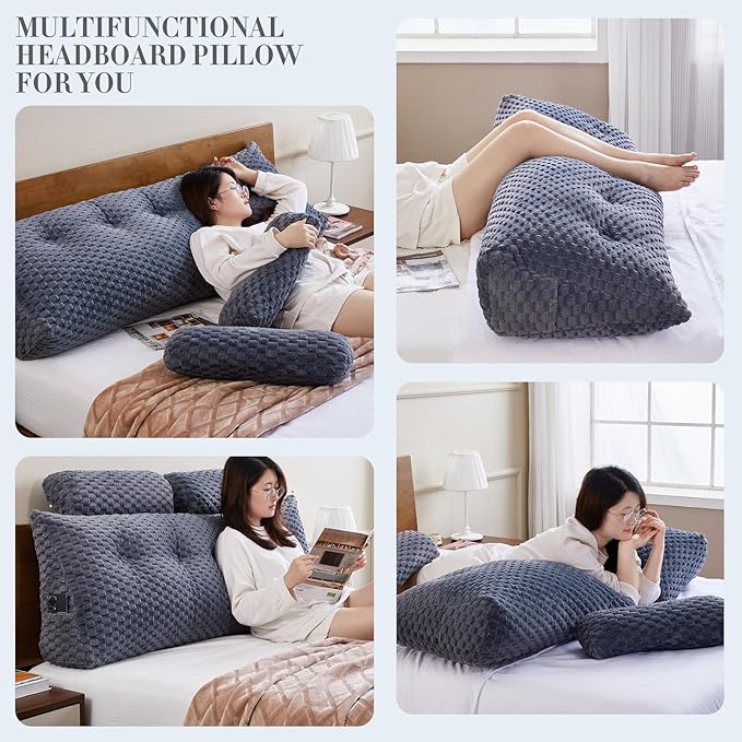 Wedge Headboard Pillow - Bed Wedge Pillow for Headboard Triangular Headboard Pillow with Neck Roll Pillow-Large Bolster Pillow for Sitting in Bed Backrest Positioning Support (Grey,39x8x20 Inches)