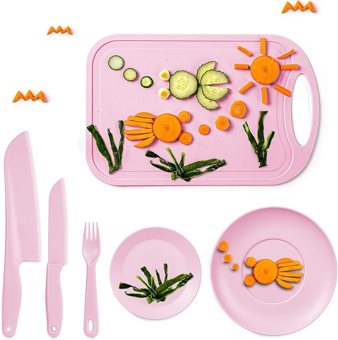 TJ POP Kids Knives for real cooking, Safe Knives Set 6 Pcs for Children, Kids' Baking Supplies with Cutting Board & Dishes, Toddler Knife Good Soft Grips, BPA-Free (Pink)