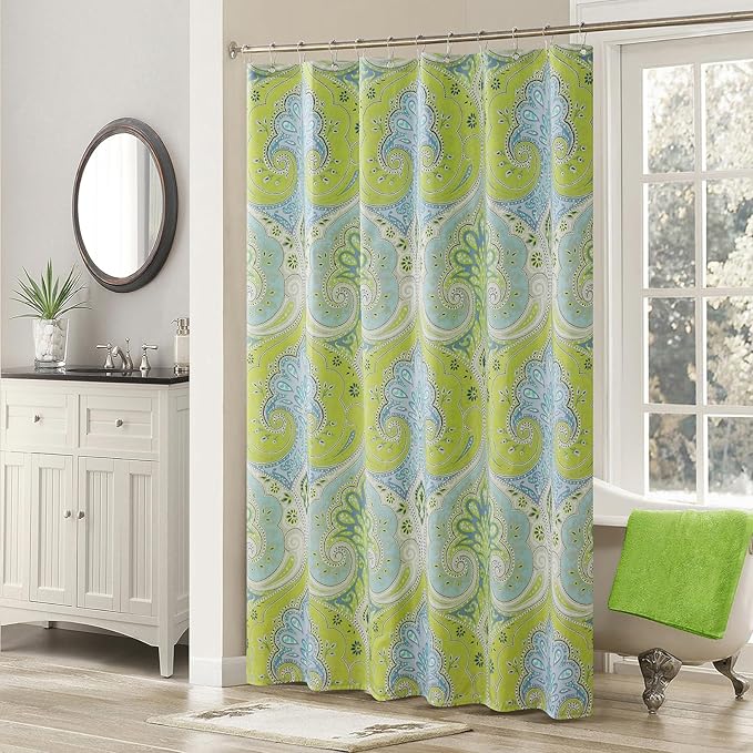 Medina Saffron Damask Blue Fabric Printed Green Waterproof Polyester Shower Curtain for Bathroom,Small 54" W x Extra 78" H